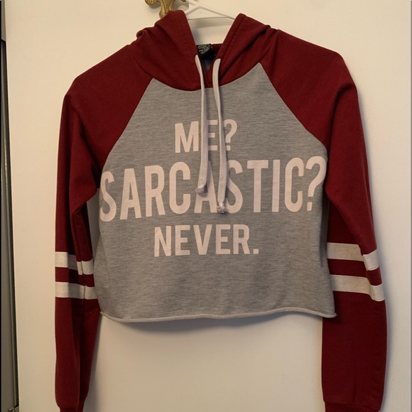 Rue21 Maroon “Me sarcastic never” cropped hoodie - Picture 1 of 4